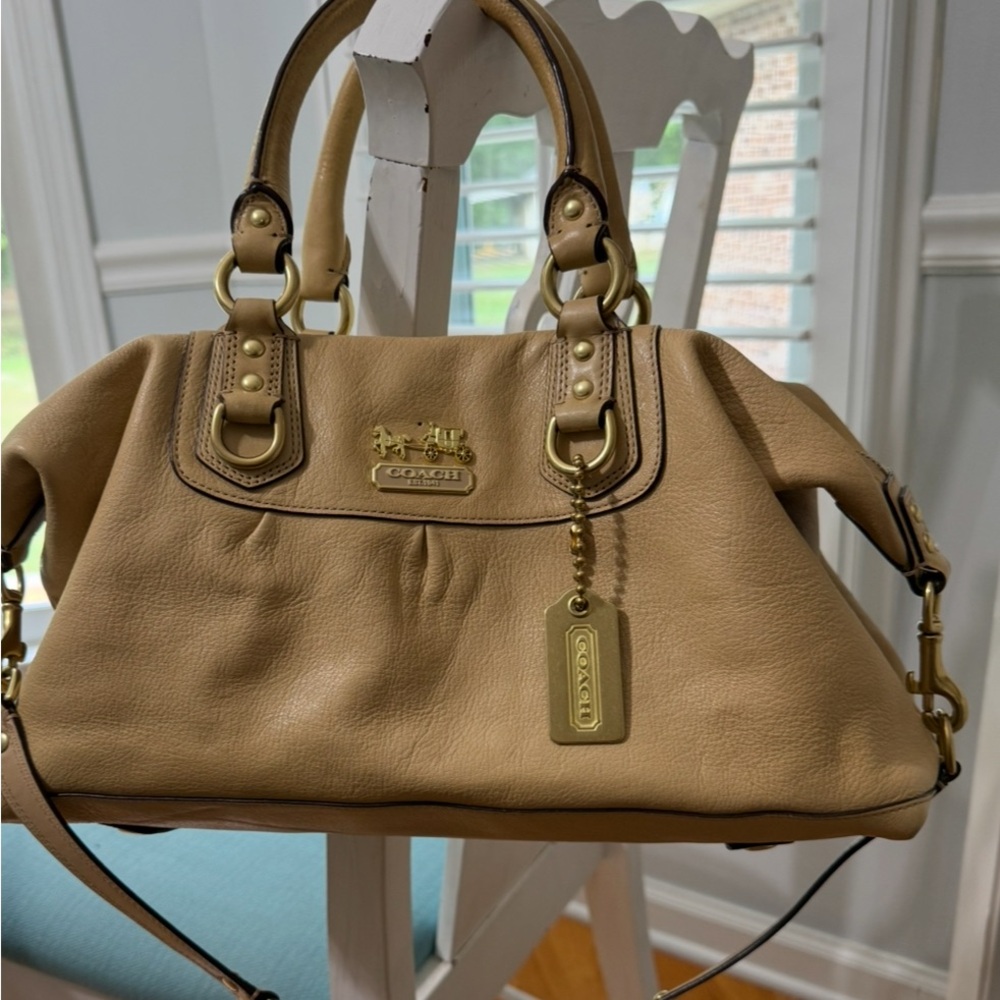 Coach Tan Satchel with Gold Hardware and Pebbled Leather